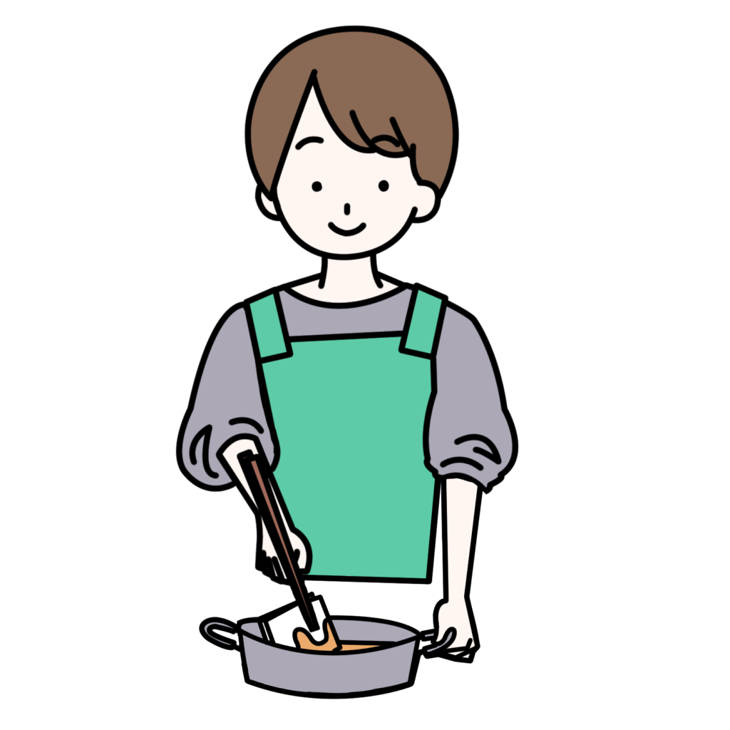 フライパンに油をひいている女性